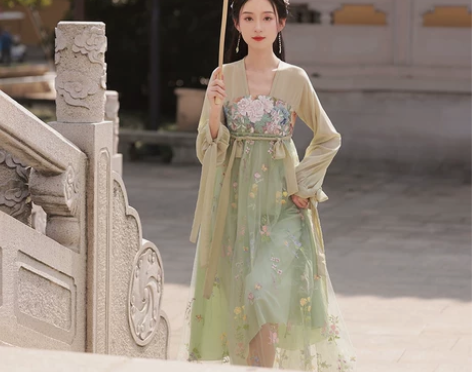 【狂欢价】绿色汉服女连衣裙中国风改良唐制齐...