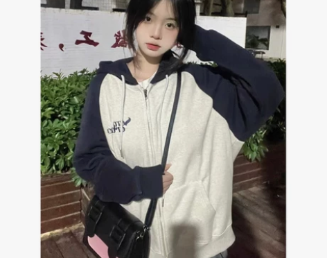 美式复古连帽卫衣外套女秋冬款oversiz...