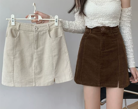 chic复古开叉灯芯绒半身裙女纯棉小个子学...