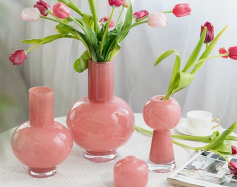 北欧简约粉色玻璃花瓶客厅餐桌高级感插花器现...
