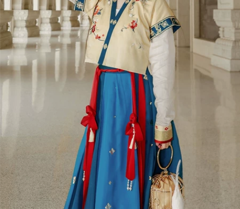 出租！十三余小豆蔻儿[靛蕊]绣花唐背子破裙...