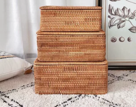 批发越南藤编织收纳筐框桌面零食带盖盒子玩具...