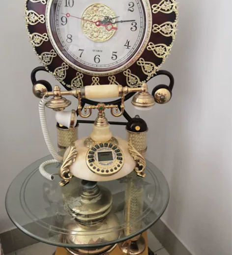 茶几摆件招财欧式复古钟表面大理石仿玉石电话...