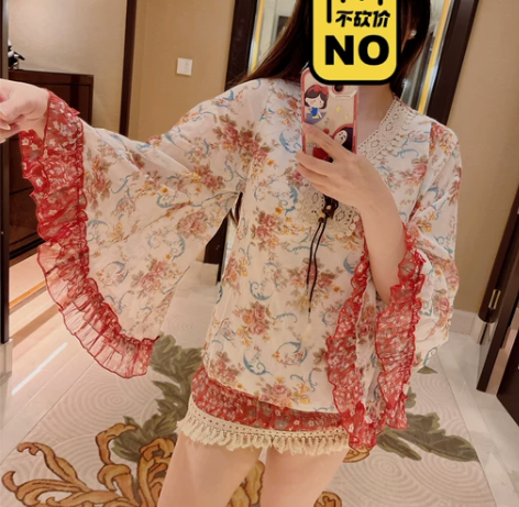 杂志款波西米亚风印花雪纺衫 蝙蝠衫 收腰松...