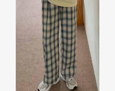 格子直筒阔腿休闲裤女春夏季薄款透气宽松运动...