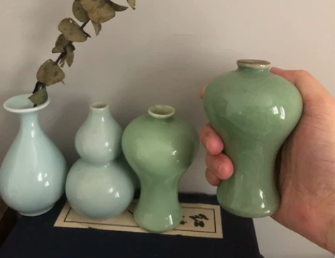 创意汝窑瓷器陶瓷青瓷小葫芦花瓶摆件简约家居...