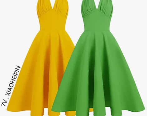 法式复古气质裙子年代感港风黄绿色收腰显瘦挂...