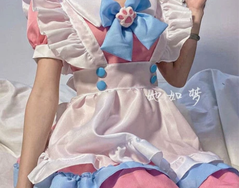 白菜价女仆装粉蓝色猫爪蝴蝶结可爱洛丽塔连衣...