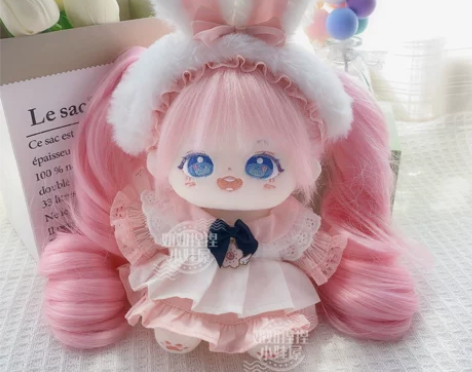 原创棉花娃娃20cm桃花酿粉色兔耳朵娃衣可...