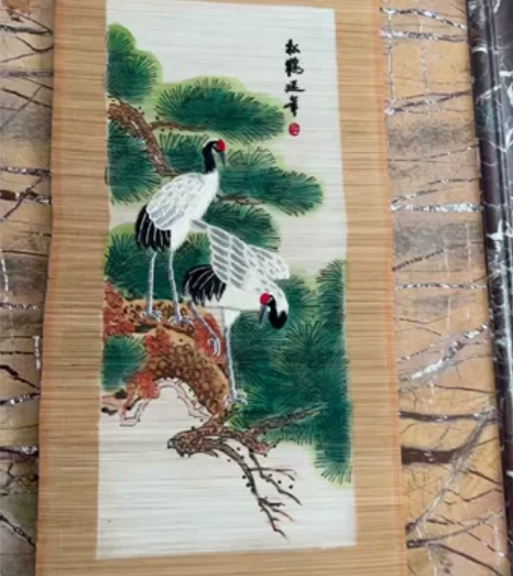老物件竹帘挂画 松鹤延年和两只鹤纯手工刺绣...