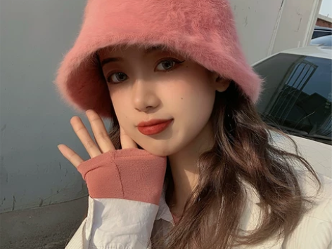 Sogo治愈系桃粉色兔毛绒盆帽女冬天可爱保...