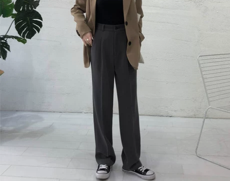 西装阔腿裤女春秋高腰宽松垂感黑色直筒长裤子...