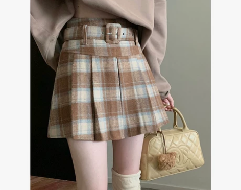 复古格子毛呢半身裙女秋冬学院风高腰显瘦百褶...