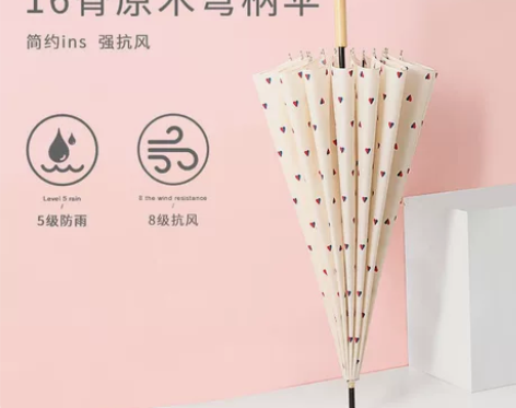 长柄雨伞女爱心日系16骨直柄加固抗风双人大...