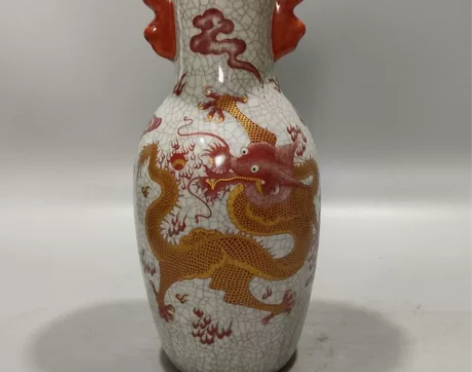 库存检漏景德镇粉彩红云龙纹双耳瓶仿古花瓶摆...