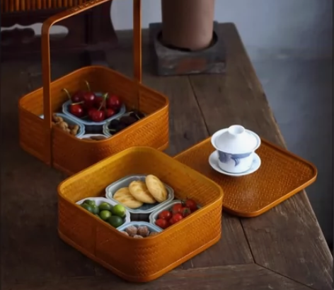 全新竹编工艺品桌面茶点提篮糕点点心篮水果篮...