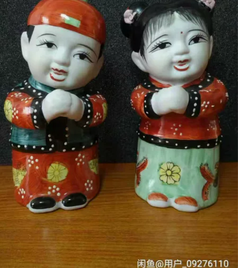 手绘瓷娃一对 恭喜发财手绘瓷娃一对，八九十...