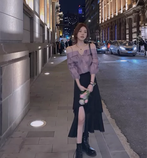 黑色开叉不规则法式赫本风a字半身裙女春季中...