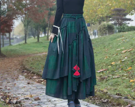 春秋新款女装文艺复古棉麻半身裙格纹超大摆高...