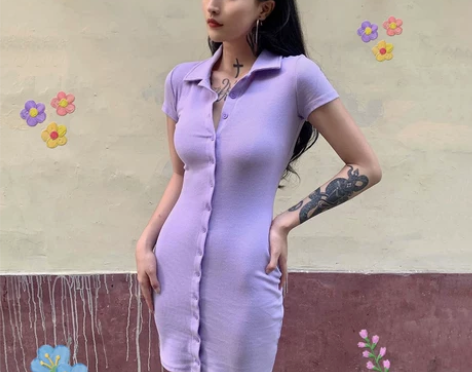 港风新款时髦纯色排扣短袖气质连衣裙 收腰显...