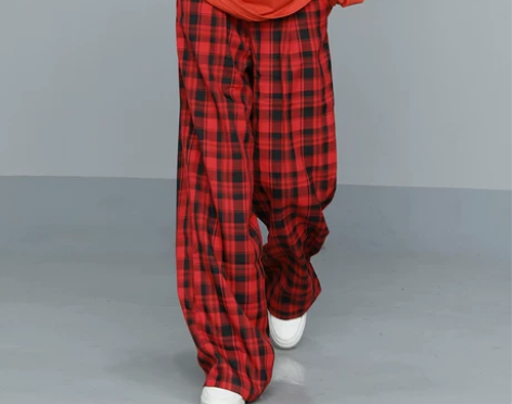 王嘉尔同款红格子阔腿裤男女垂感高腰夏季薄款...