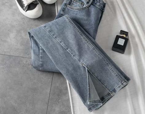 微喇叭牛仔裤女高腰开叉显瘦春装新款复古港风...