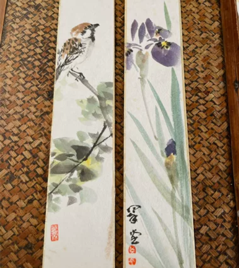 麻雀鸢尾花/日本回流老字画/色卡纸短册/国...