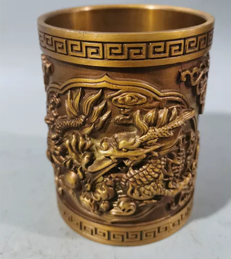 古玩铜器收藏黄铜双龙笔筒摆件包浆润泽家居办...