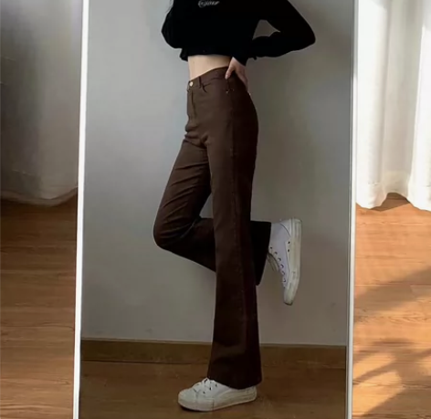 棕色喇叭裤女辣妹微弹大码修身显瘦牛仔裤胖m...