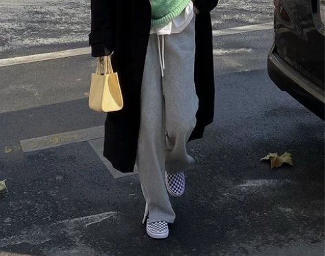 开叉加绒阔腿裤女秋冬裤子休闲拖地长裤灰色运...