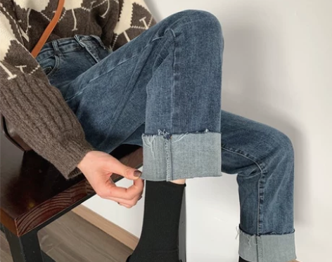梨形身材大码牛仔裤胖妹妹高腰显瘦卷边直筒弹...