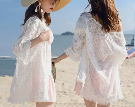 沙滩防晒衣女夏季波西米亚外搭雪纺开衫流苏披...