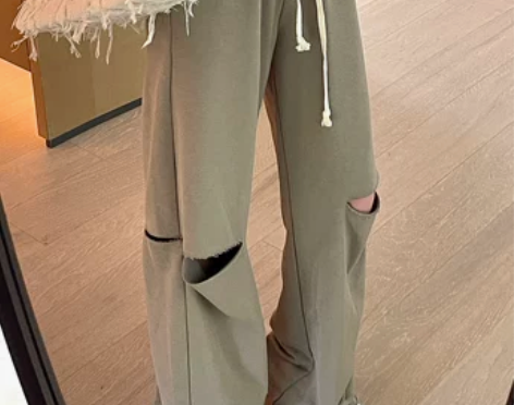 SUN11 破洞运动裤女高腰显瘦休闲直筒宽...