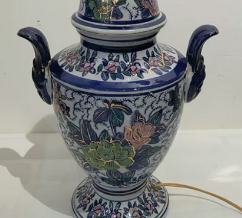 八十年代 出口瓷手绘青花加彩描金台灯、尺寸...