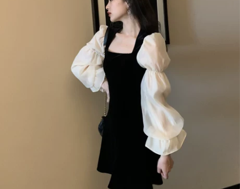 法式复古茶歇裙新款收腰显瘦气质泡泡袖拼接方...