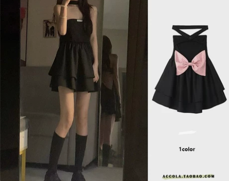 夏季赫本纯欲辣妹风蝴蝶结蓬蓬裙小个子挂脖抹...