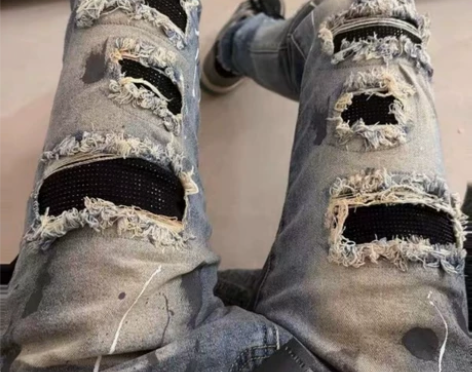 破洞牛仔裤 网红破洞牛仔裤同款黑钻泼墨男水...