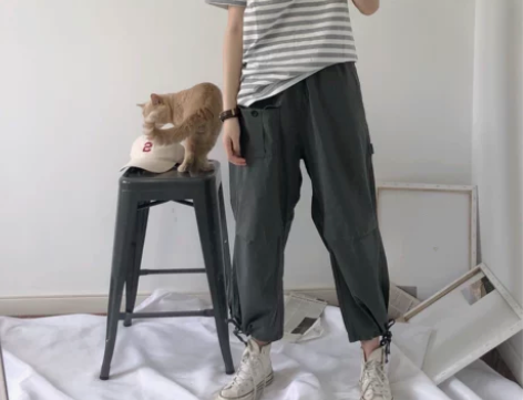 北原山貓 日系阔腿裤女BF宽松百搭休闲抽绳...