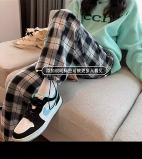 格子裤女休闲阔腿束脚秋冬加绒直筒裤子202...