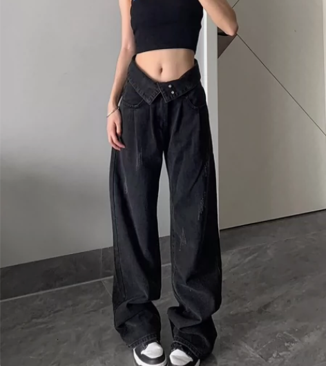 美式ins复古水洗黑色牛仔裤女早春辣妹设计...