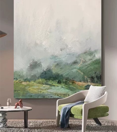 迷雾山景手绘油画绿色风景装饰画客厅挂画抽象...