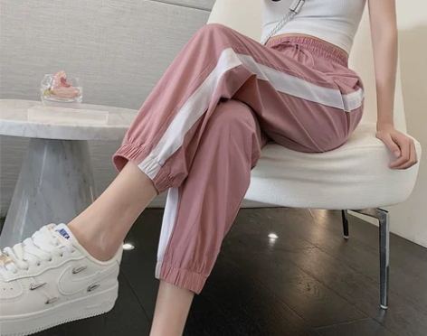 粉色运动裤女夏季薄款宽松束脚2022新款冰...