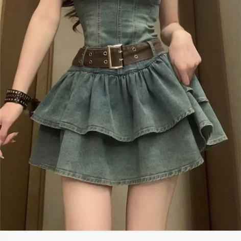 SISI酱 美式复古吊带抹胸牛仔连衣裙女夏...