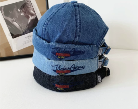 日系水洗牛仔瓜皮帽子女复古港风休闲刺绣地主...