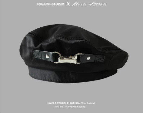 胡茬叔叔贝雷帽黑色金属扣机能风个性帽子女生...