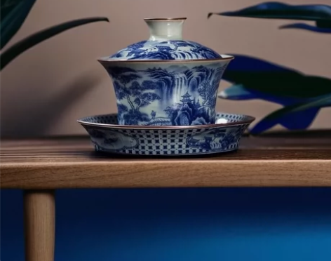 景德镇手工青花山水盖碗茶杯功夫三才碗家用陶...