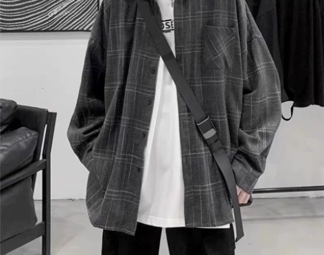 格子衬衫男潮牌ins春秋衬衣潮流设计感小众...