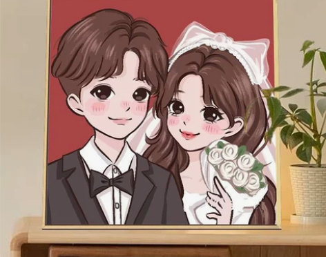 卡通情侣手绘diy数字油画 甜橙风 七夕手...
