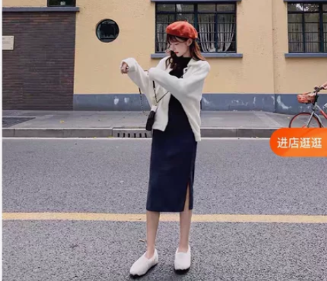 开叉针织半身裙女春秋中长款高腰显瘦长裙子黑...