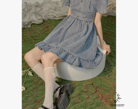 牛仔连衣裙女小众设计学院风复古方领古着vi...